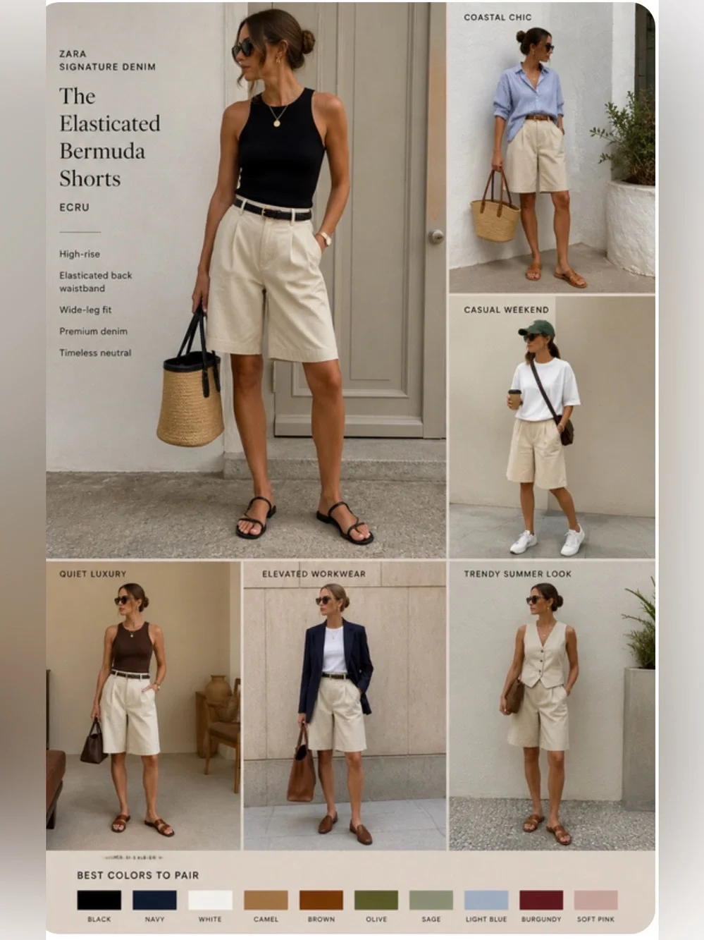 NWT ZARA Signature Denim Elasticated Bermuda Shorts Ecru Women’s Small